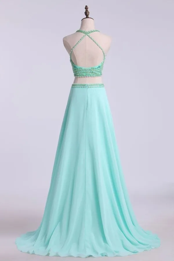 2024 Prom Dresses Two Pieces Halter A Line Chiffon P5LXDBTX