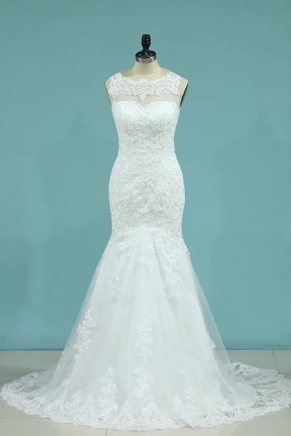 2024 Wedding Dresses Mermaid Scoop Sweep Train Tulle P1YP3AML