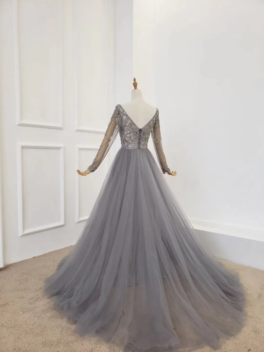 A Line Long Sleeves V Neck Gray Tulle Prom Dresses with Beading, Evening Dress STK15549