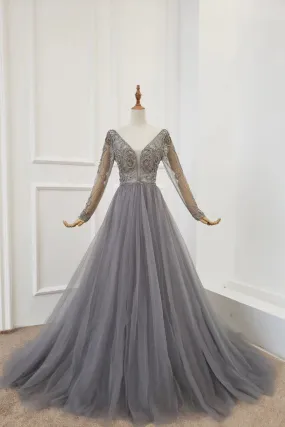 A Line Long Sleeves V Neck Gray Tulle Prom Dresses with Beading, Evening Dress STK15549