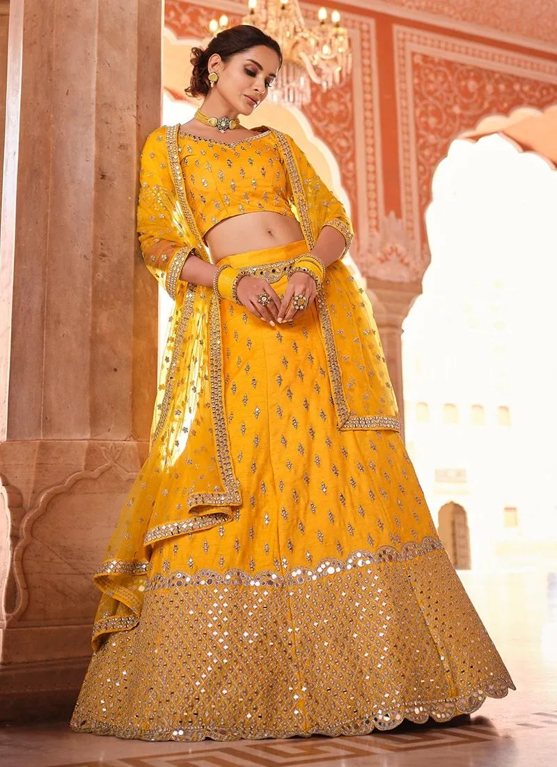 Art Silk Fabric Mustard Yellow Color Mirror Work Lehenga Choli