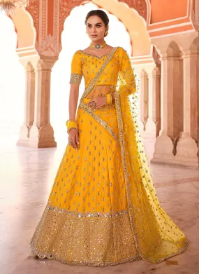 Art Silk Fabric Mustard Yellow Color Mirror Work Lehenga Choli