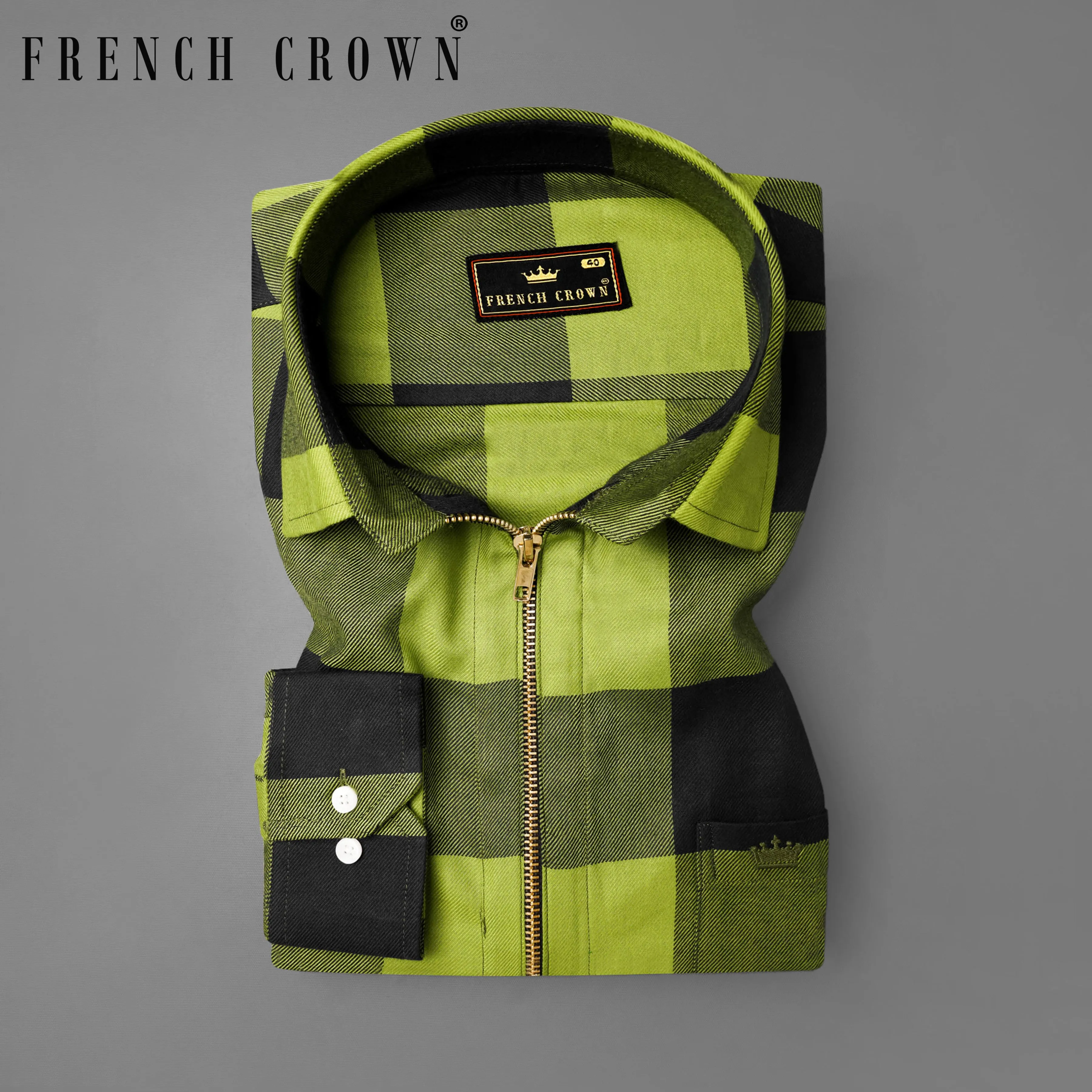 Avocado Green and Jade Black Checkered Flannel zipper Overshirt/Shacket