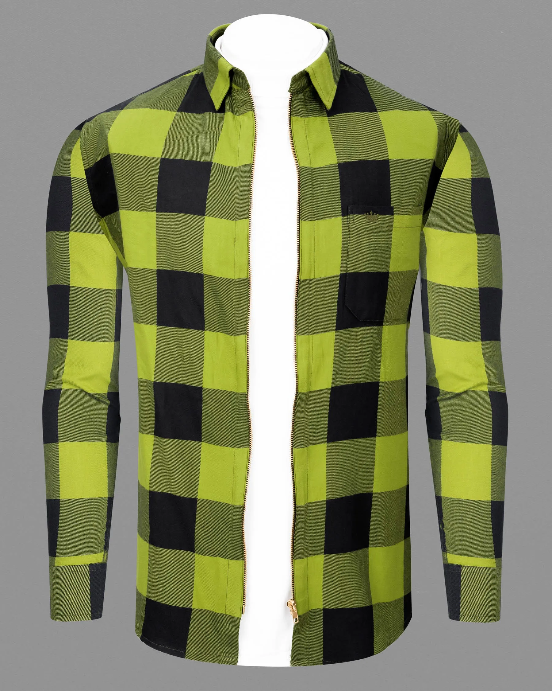 Avocado Green and Jade Black Checkered Flannel zipper Overshirt/Shacket