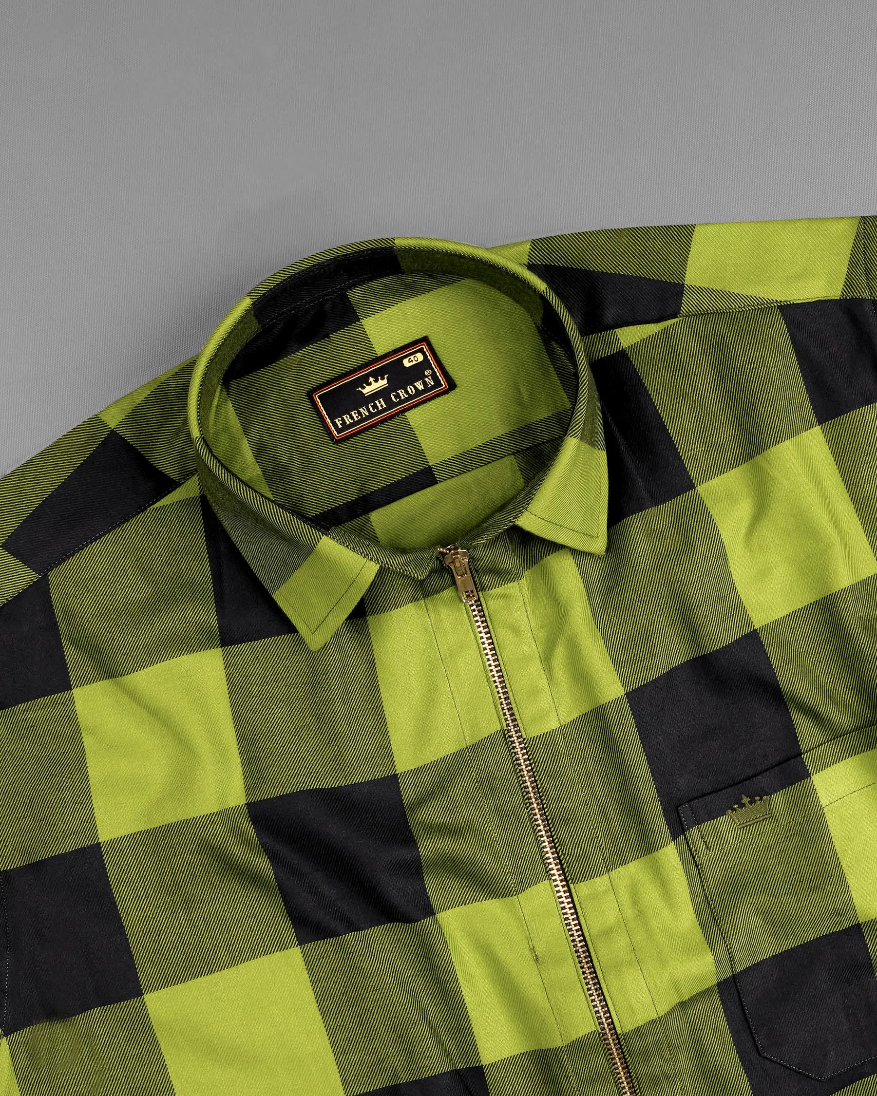 Avocado Green and Jade Black Checkered Flannel zipper Overshirt/Shacket