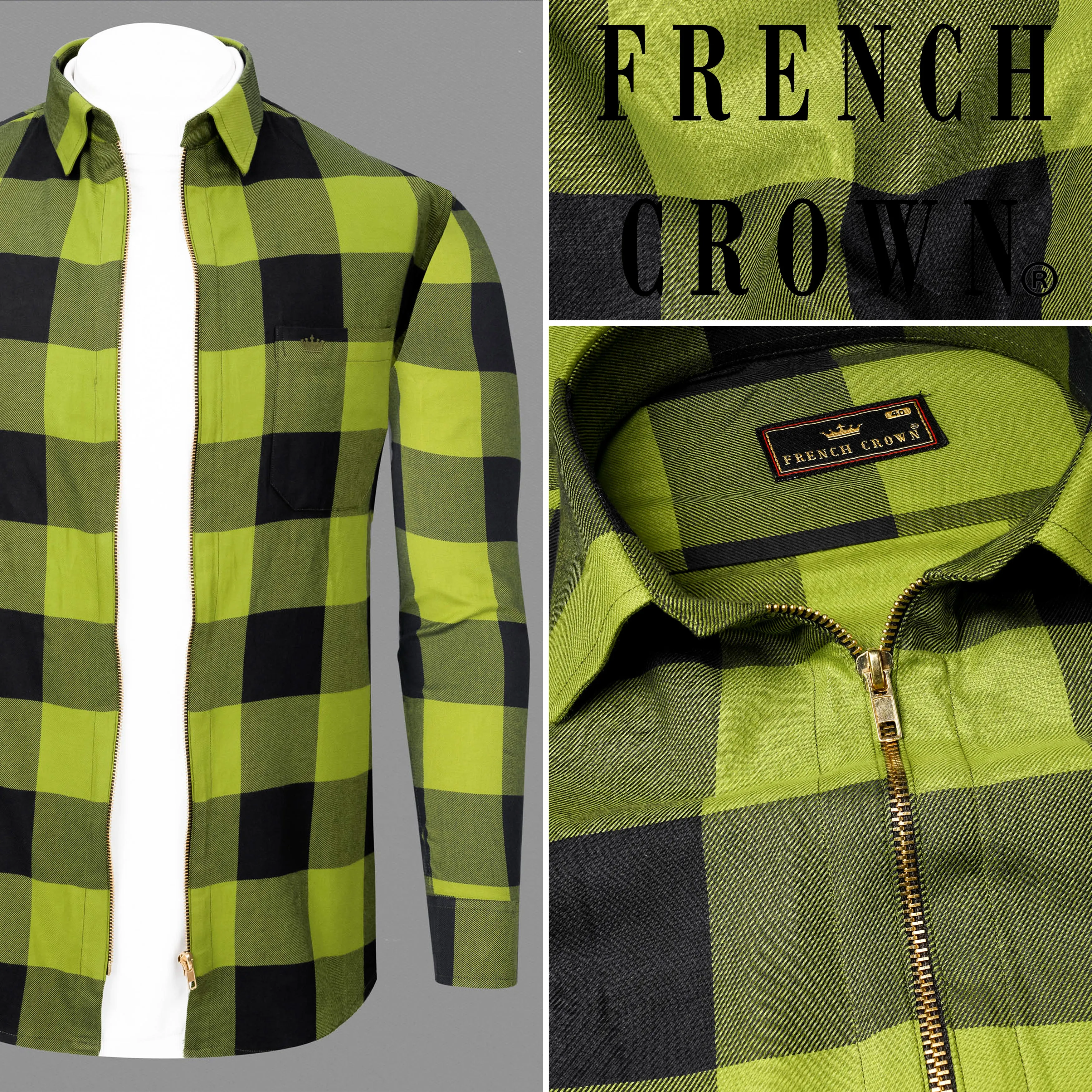 Avocado Green and Jade Black Checkered Flannel zipper Overshirt/Shacket