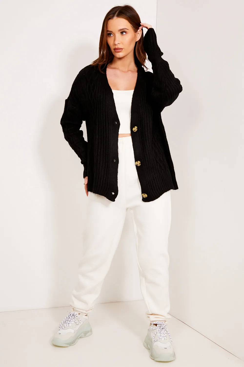 Black Cable Knit Button Up Cardigan