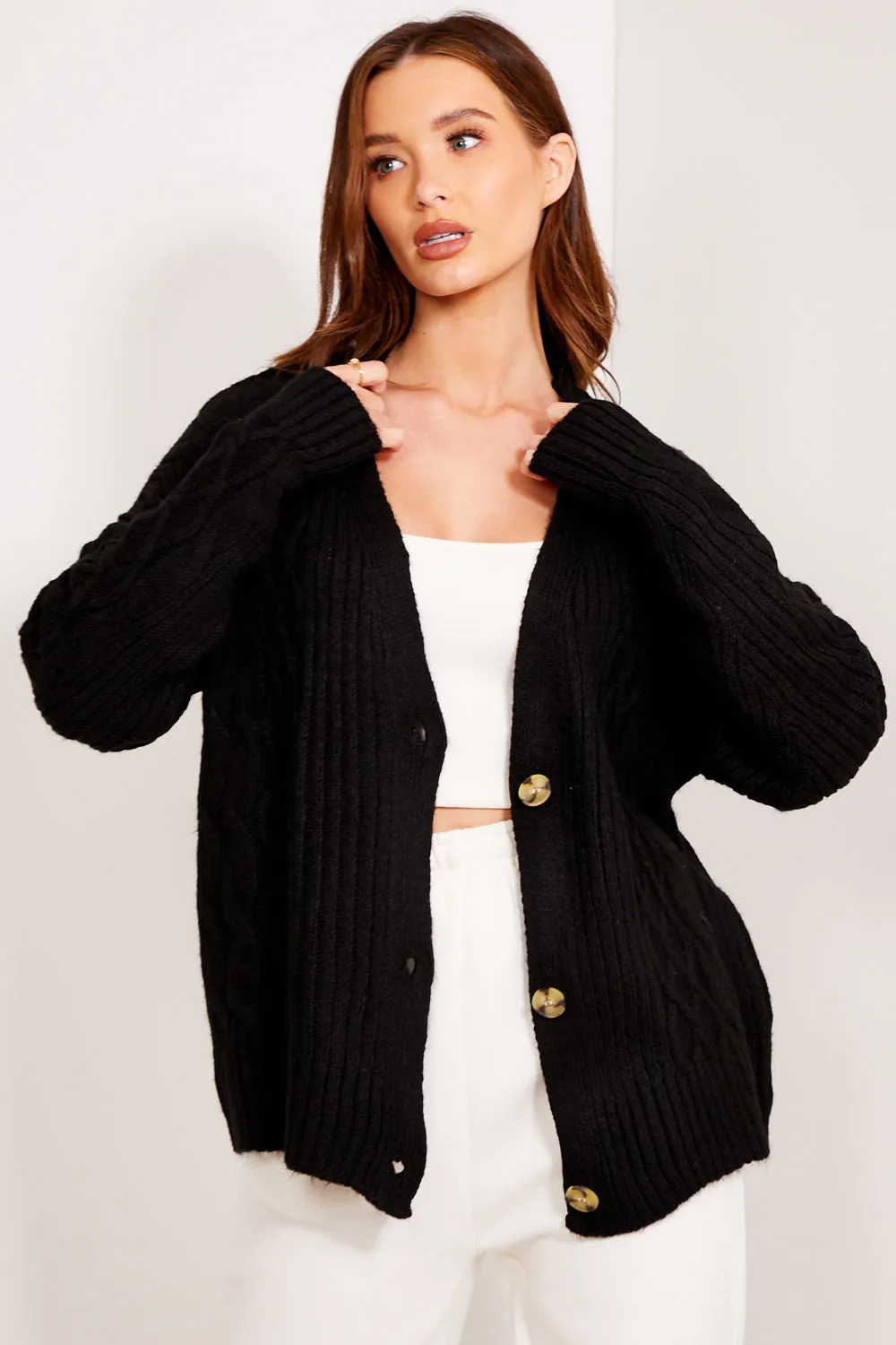 Black Cable Knit Button Up Cardigan