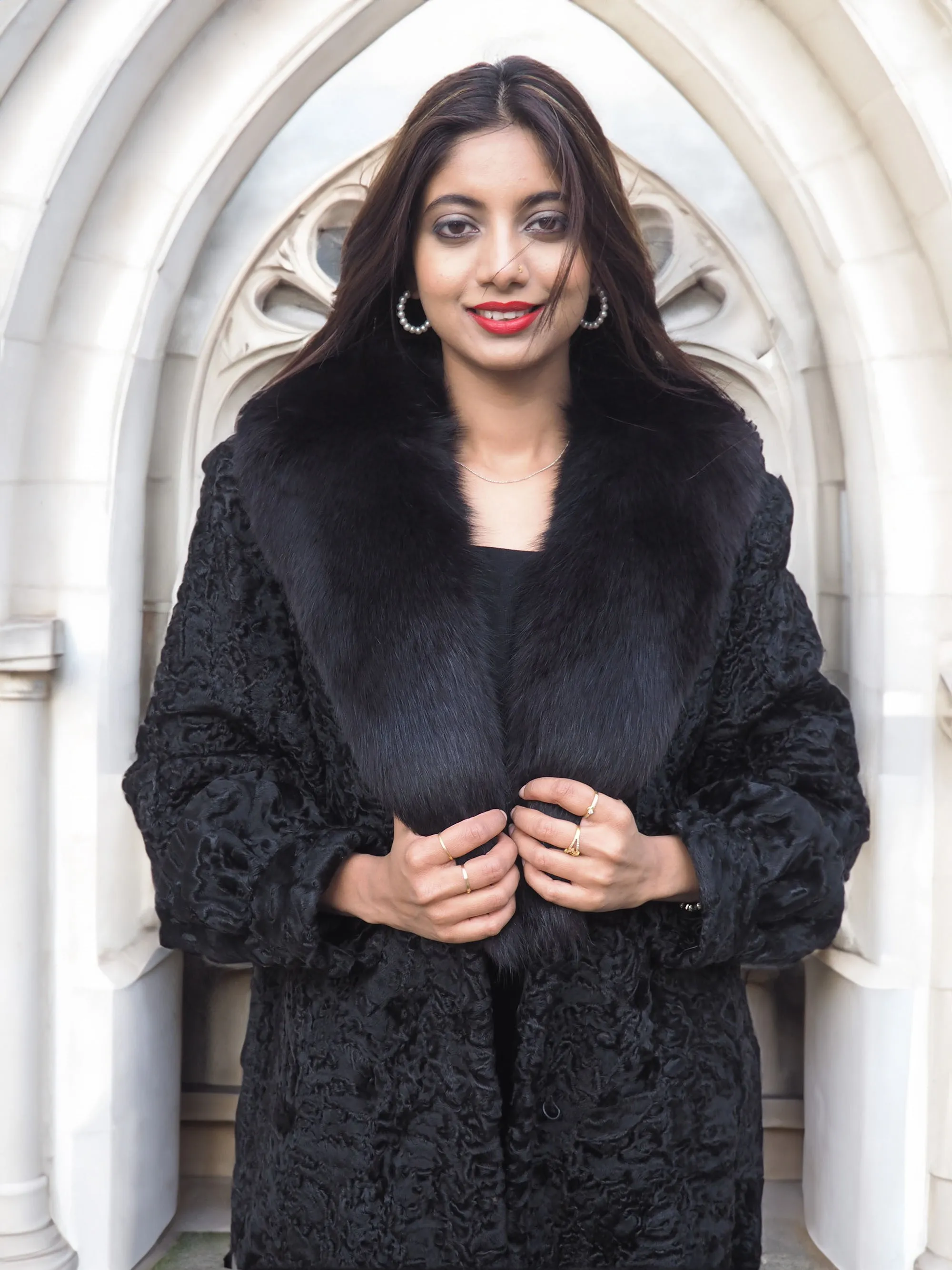 Black Lamb Swakara Broadtail Coat With Black Fox Excellent S/M