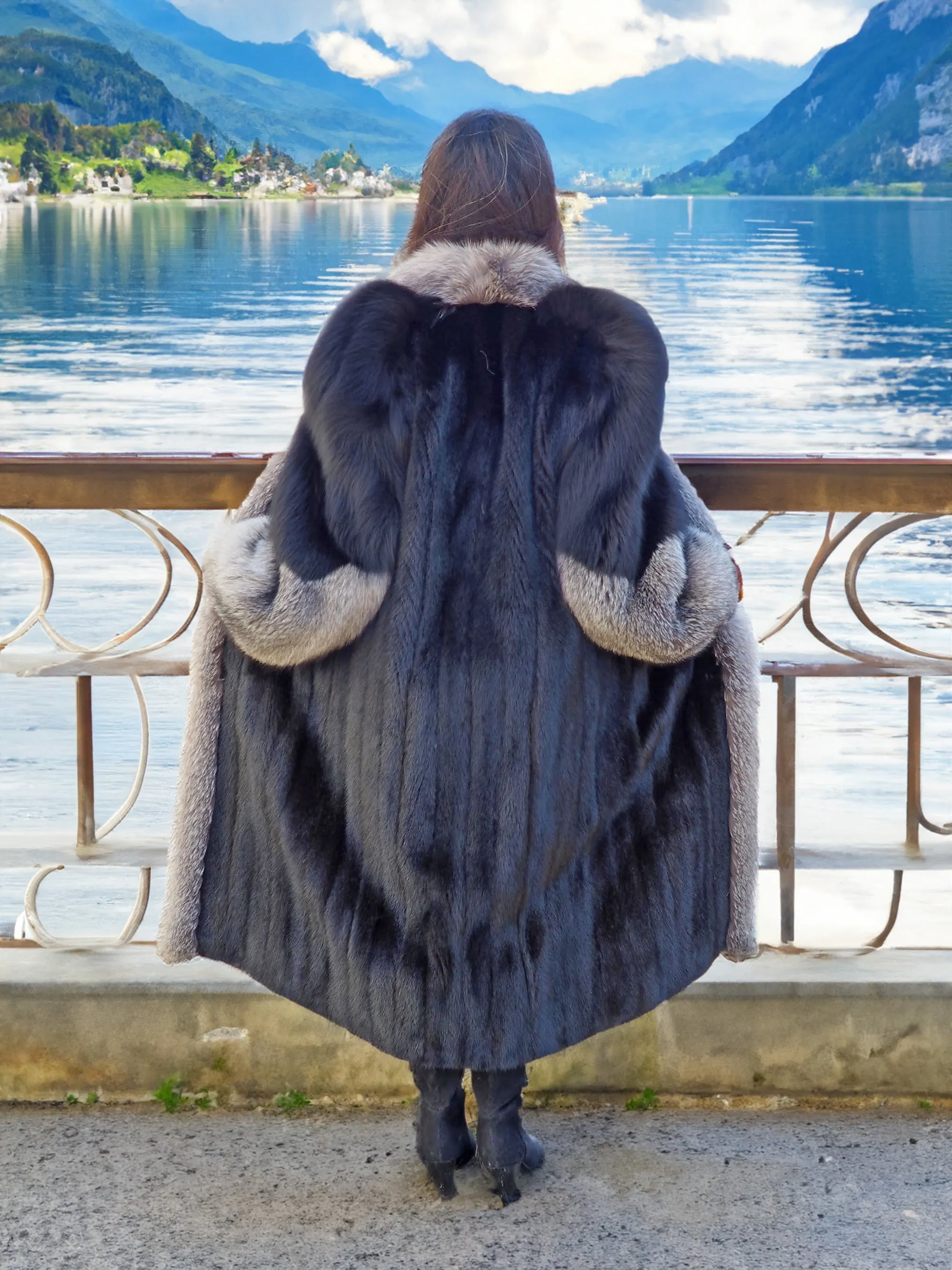 Black Mink Coat With Indigo And Black fox Sleeves And Tuxedo Collar S