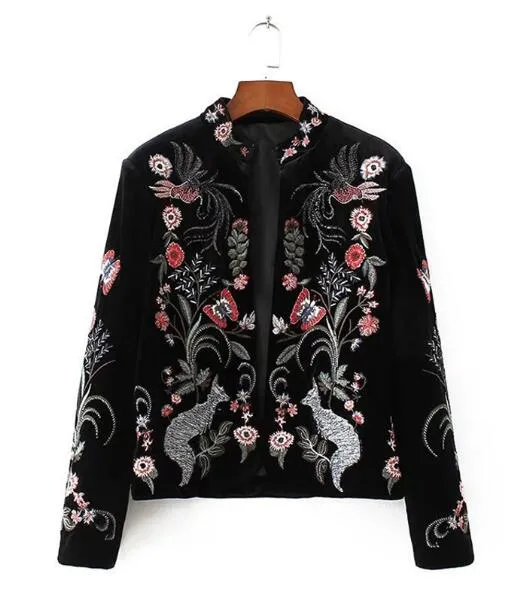 black short Women jacket 2017 chic pattern Floral Embroidery long sleeve Casual Bohemia brand female jacket Outerwear & Coats