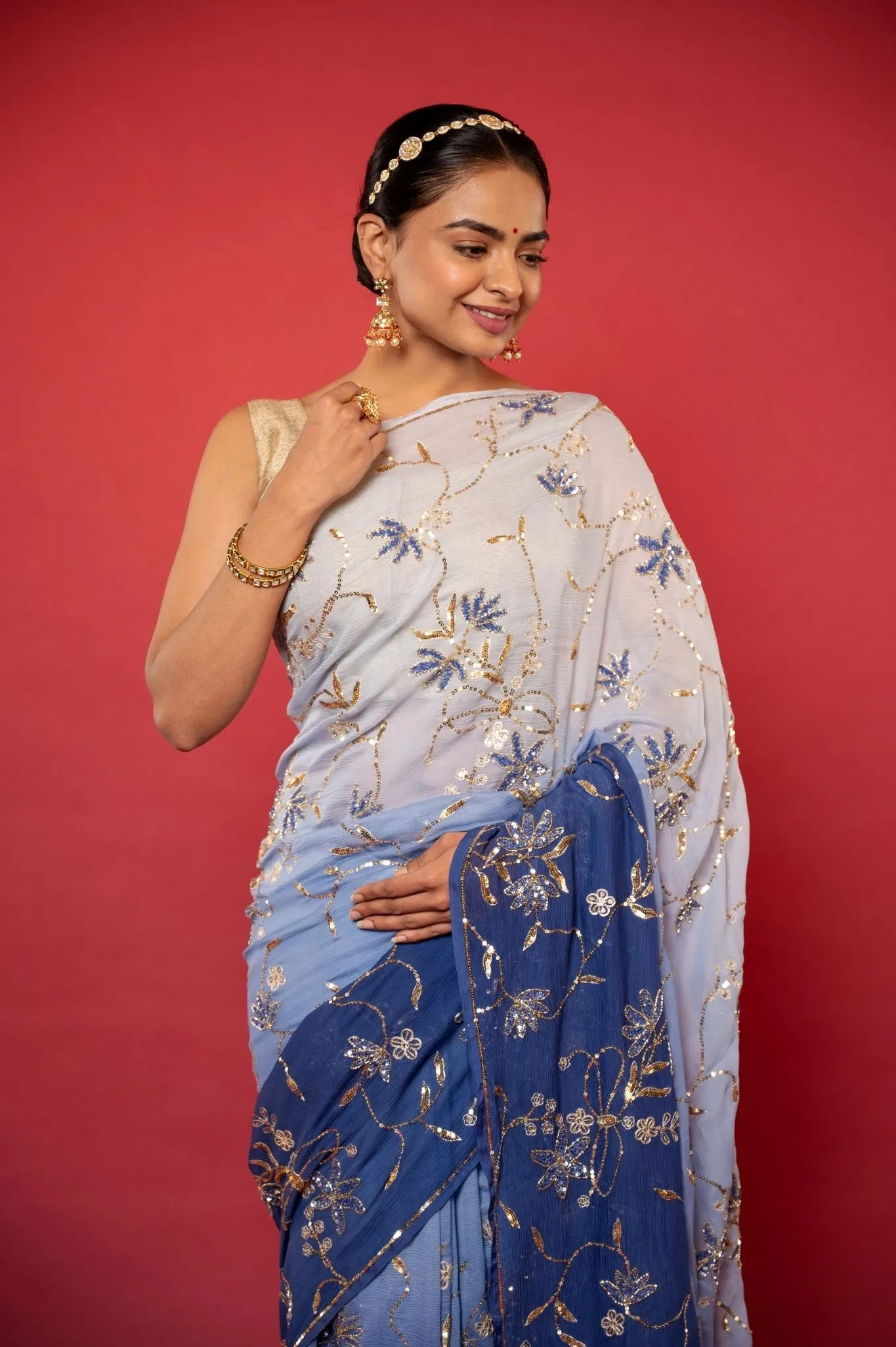 Blue Ombre Pure Chiffon Saree