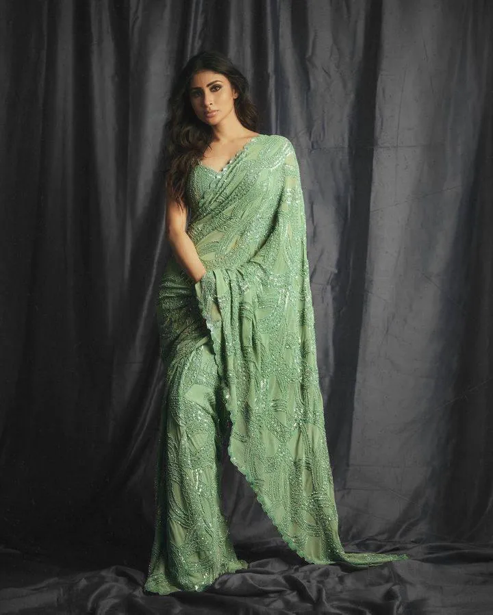 Bollywood celebrity Mouni Roy inspired Light Green Sequins Saree for Women-SS001MR