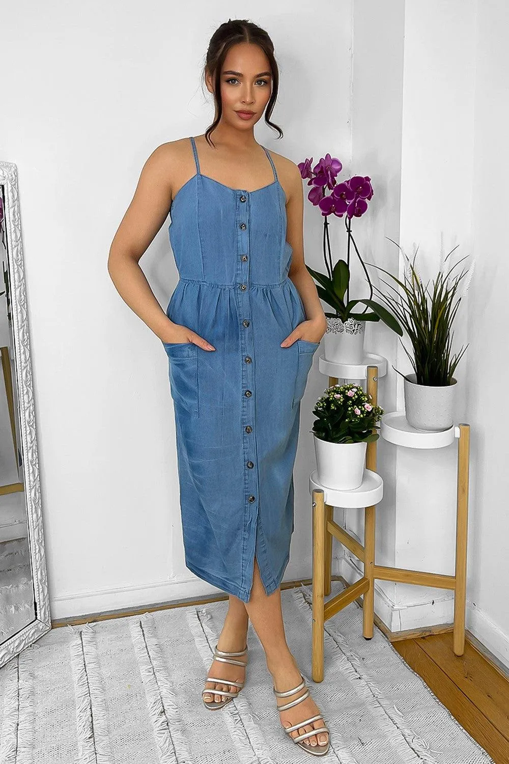 Buttoned Down Strappy Denim Midi Dress