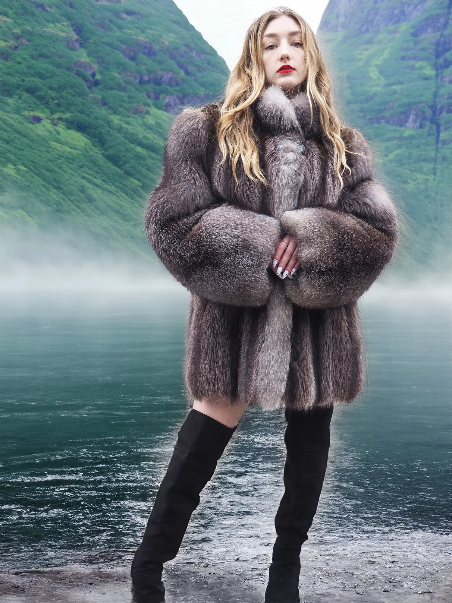 Canadian Raccoon Fur Coat Coats With Indigo Fox Detachable Hood M