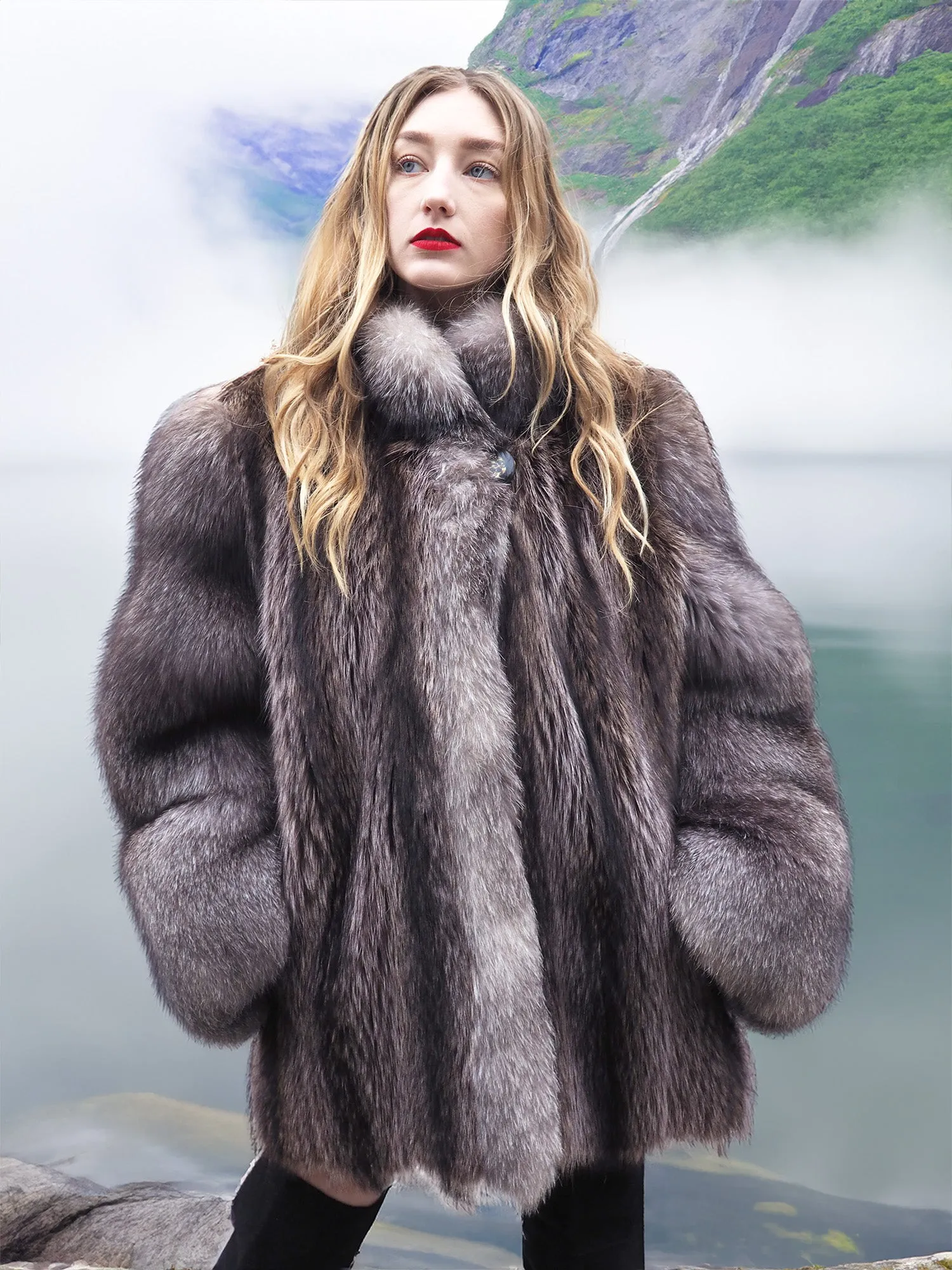 Canadian Raccoon Fur Coat Coats With Indigo Fox Detachable Hood M