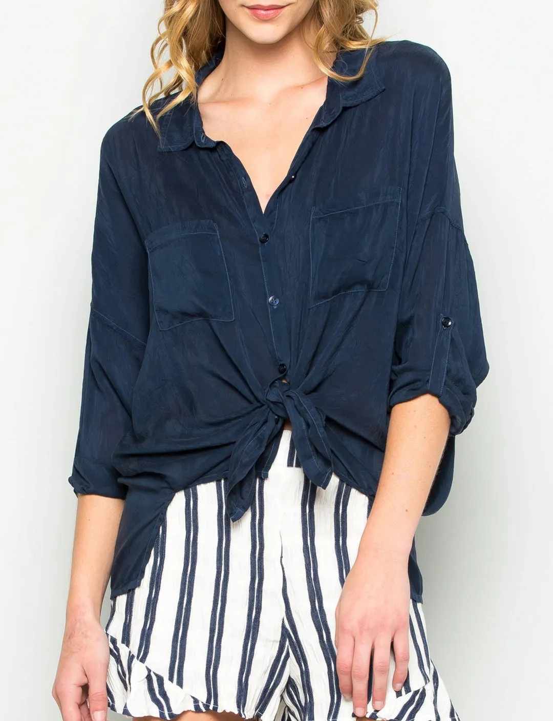 Cargo Button Down Tie Top, Navy