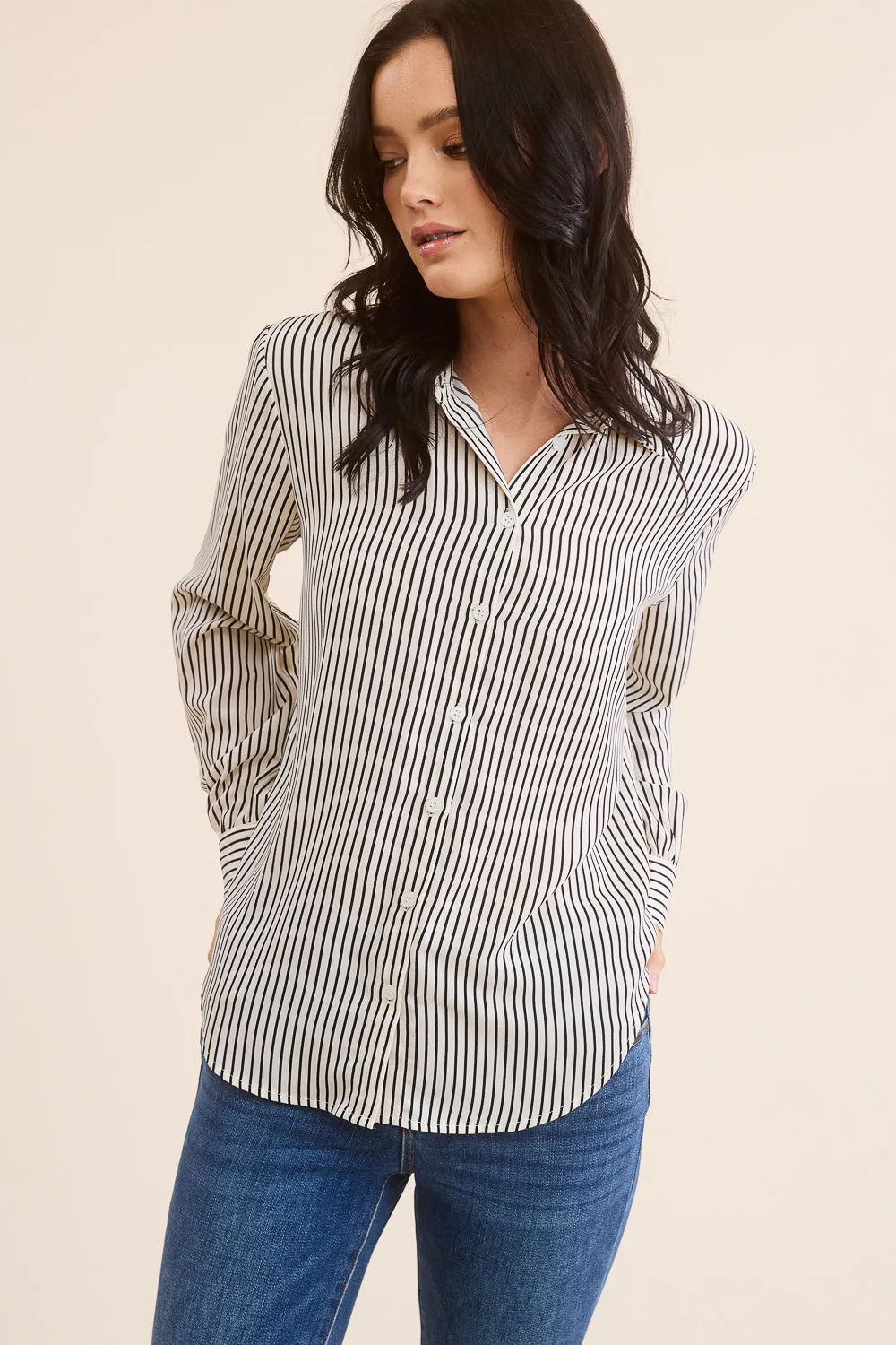 Cream and Black Striped Button Down