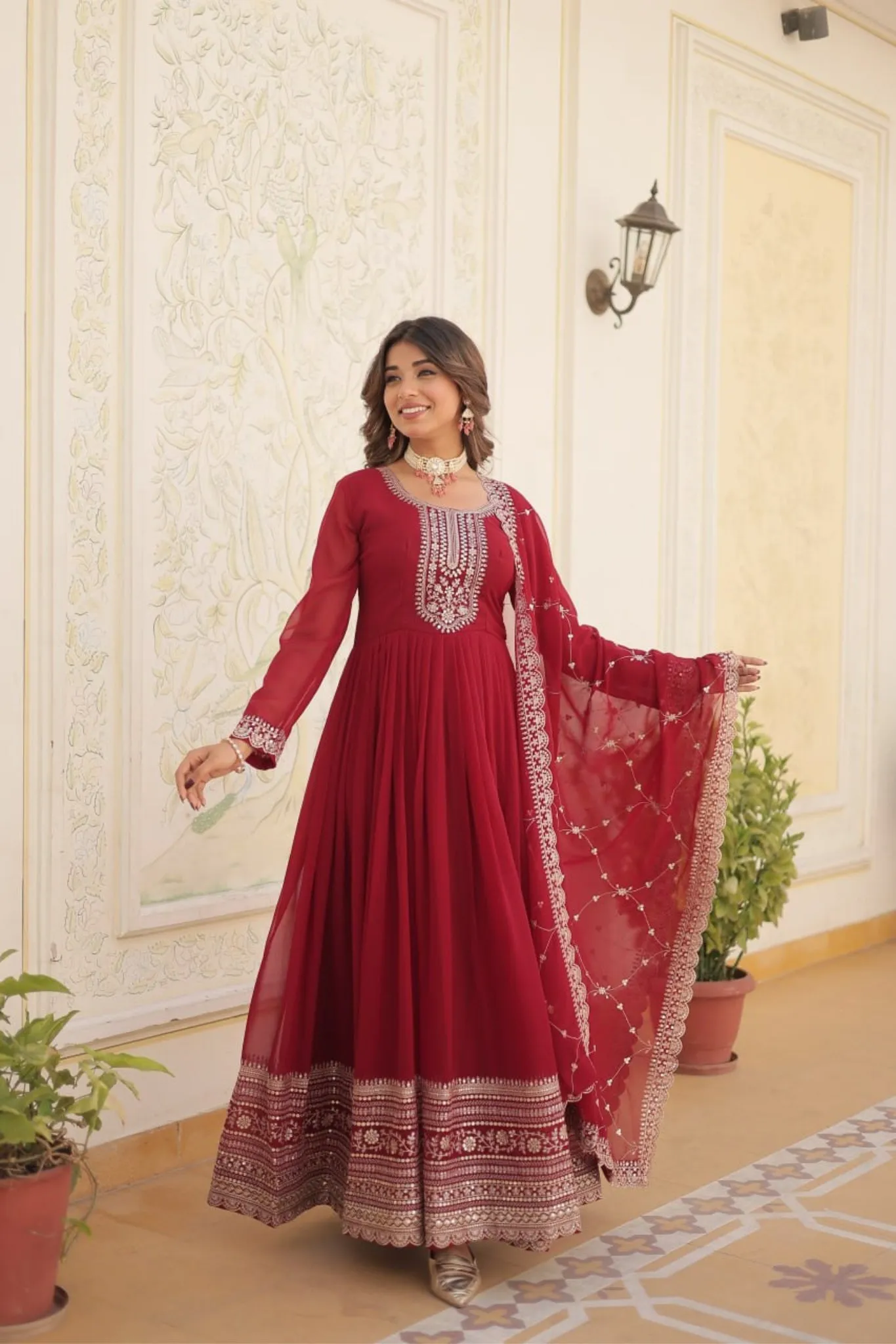 Designer Sequins Embroidered Work Stylish Gown With Dupatta Set