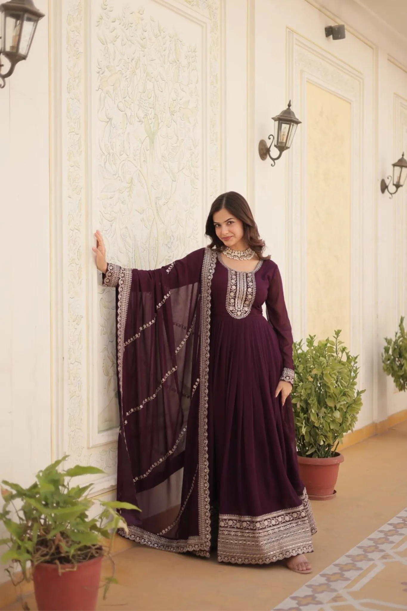 Designer Sequins Embroidered Work Stylish Gown With Dupatta Set