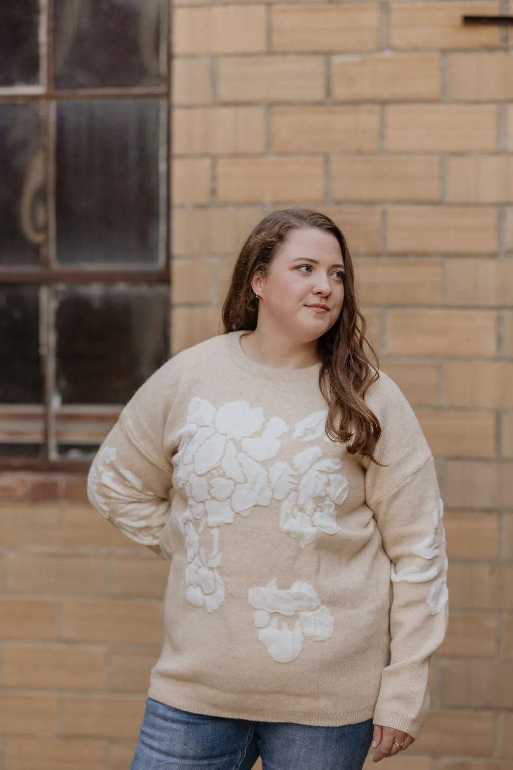 DONA OATMEAL FLORAL SWEATER AVAILABLE IN CURVY AND REGULAR