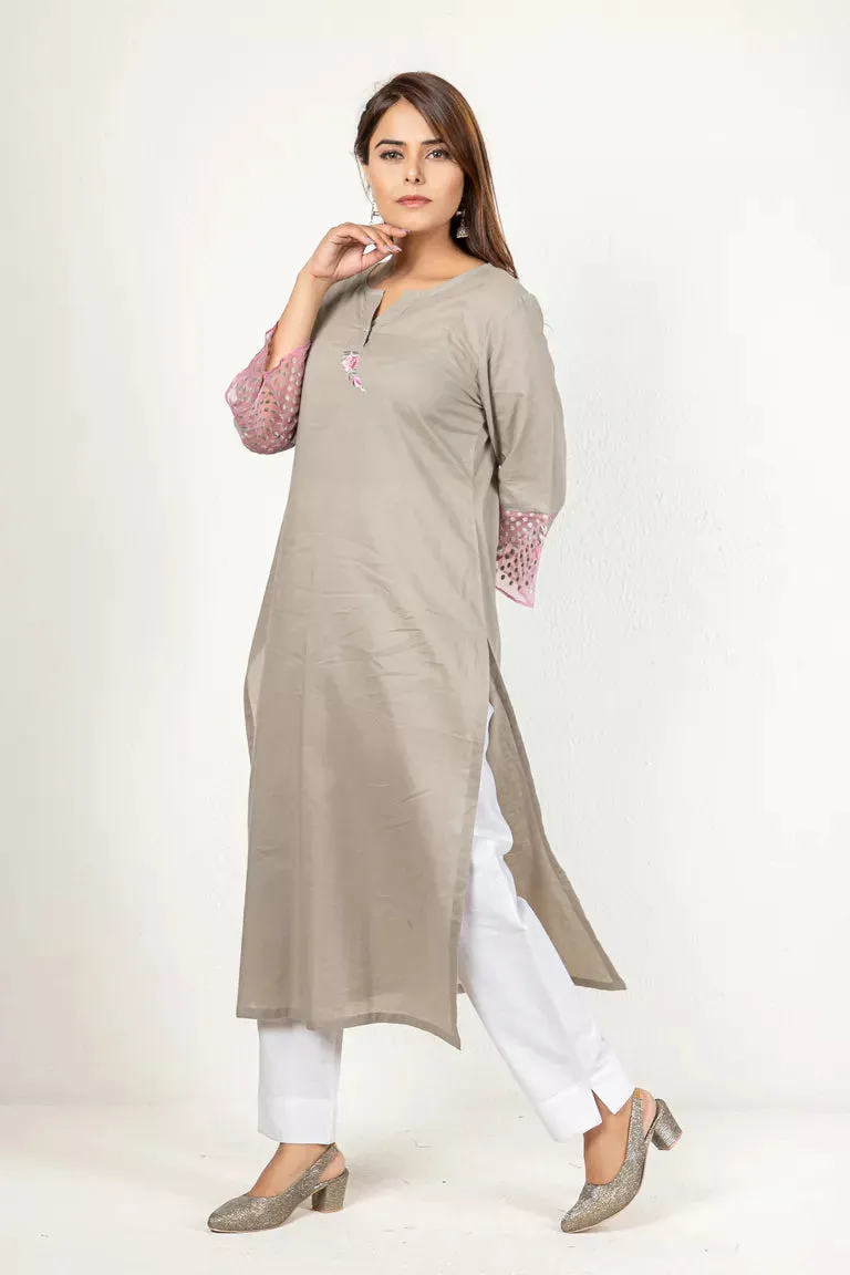 Dull Grey-Brown 3/4 Sleeves Cotton Kurta