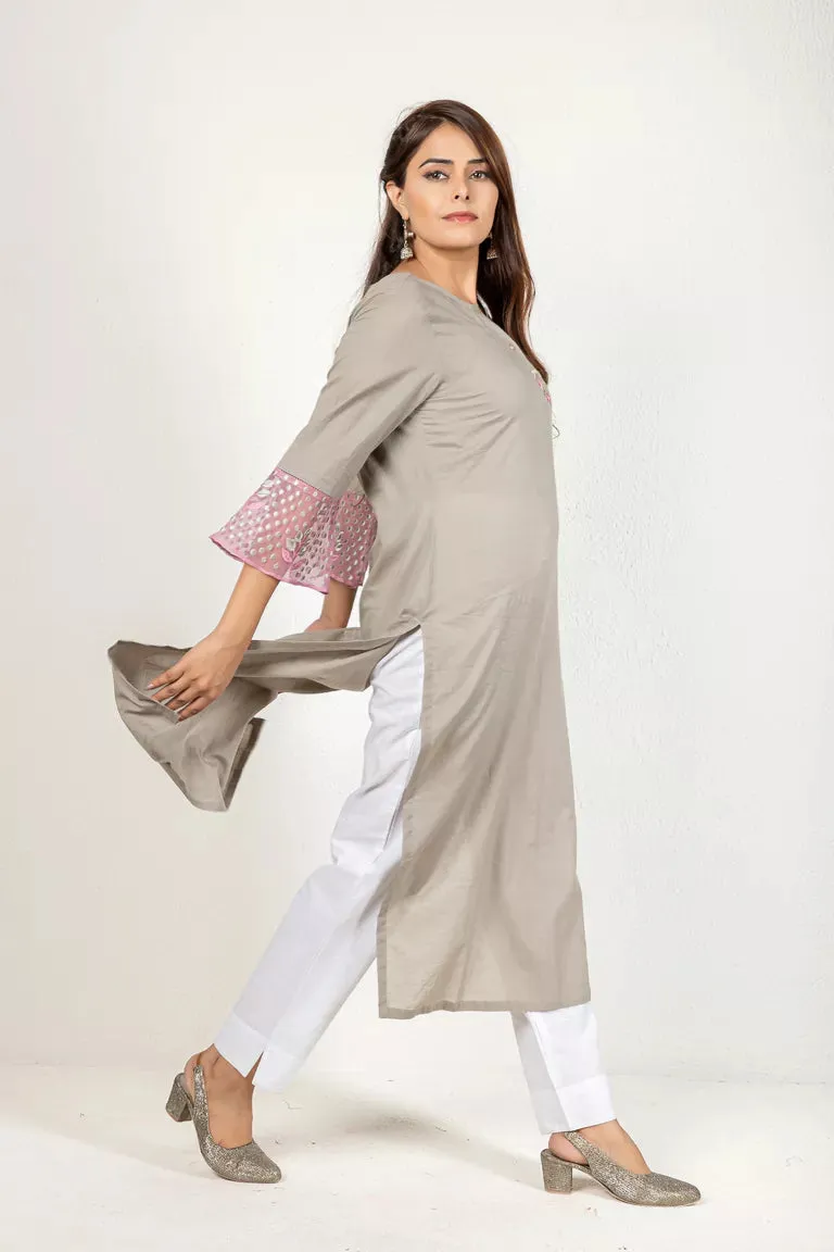 Dull Grey-Brown 3/4 Sleeves Cotton Kurta