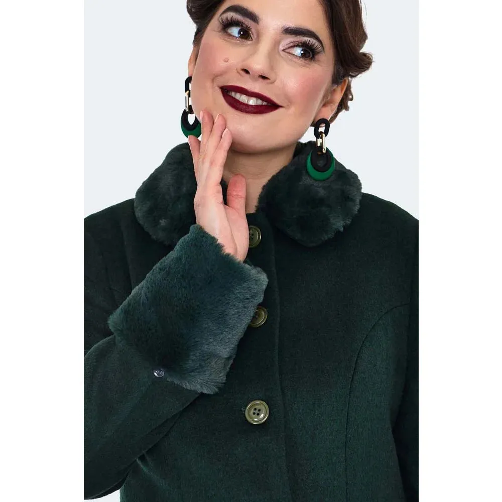 Green faux fur trim polywool flare 50s coat