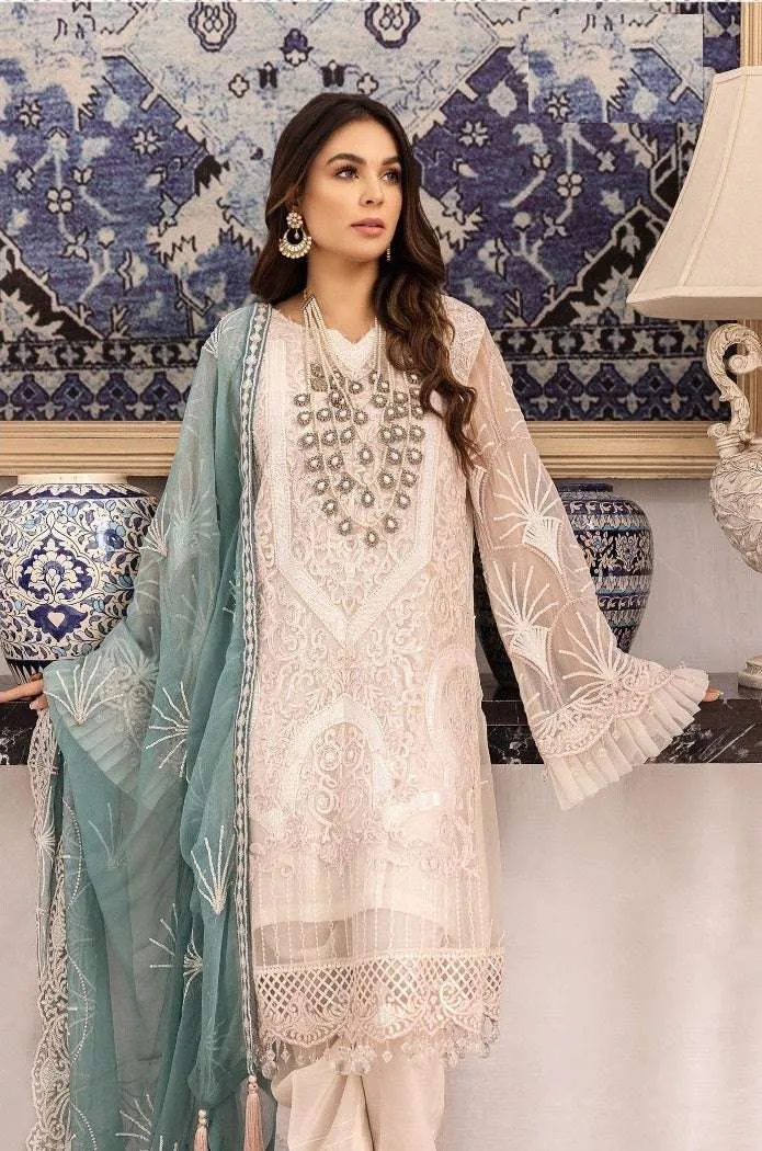 Ivory Net Embroidered Moti Work Designer Suit