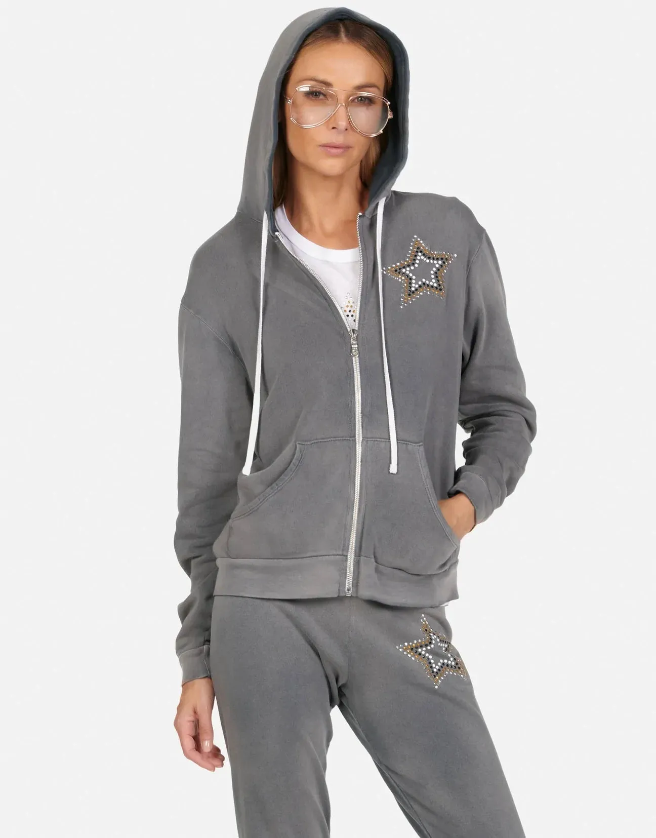 Lauren Moshi Lennox Outline Stud Star Zipper Hoodie