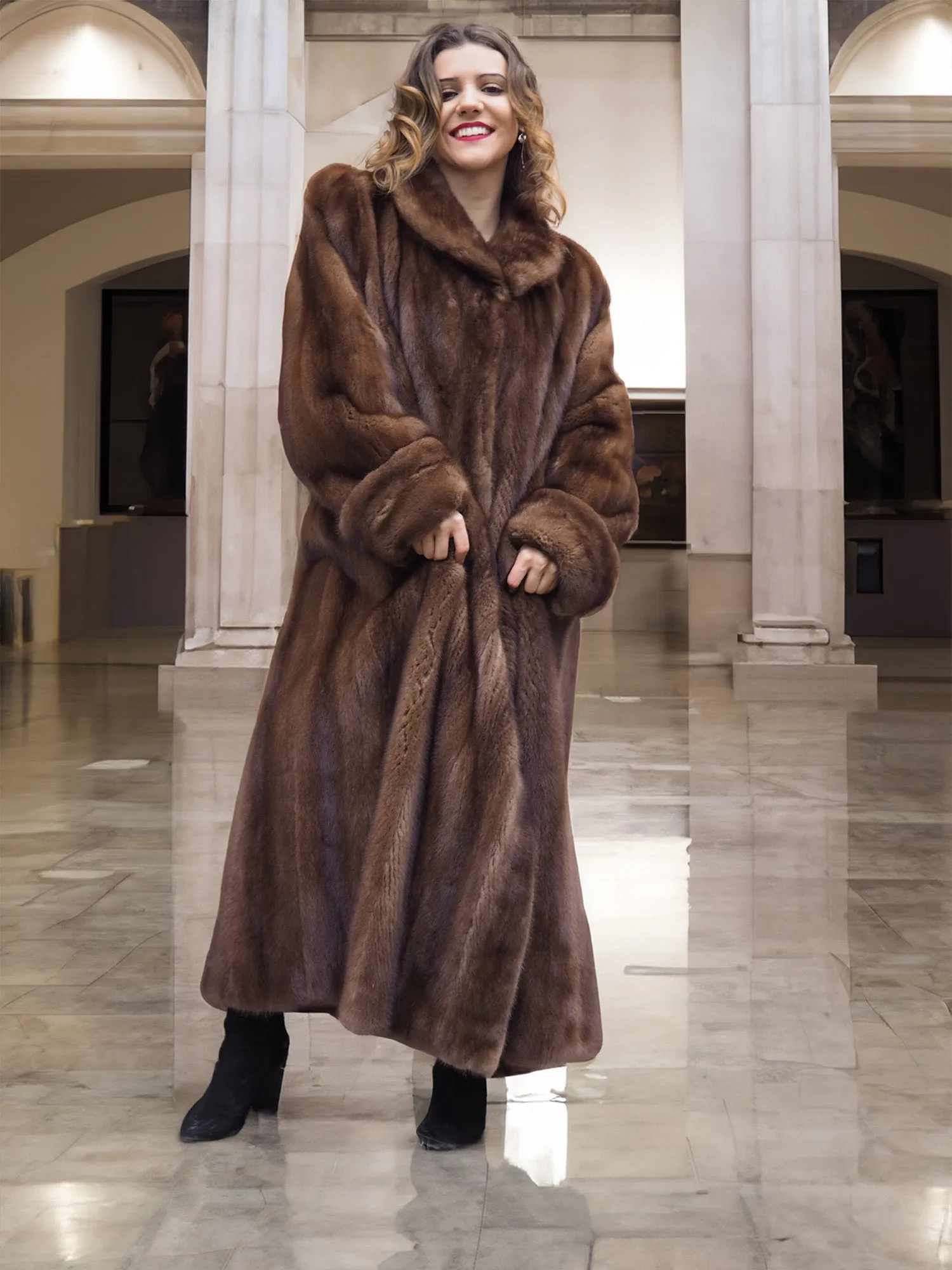 Luxurious Brown Demi Buff Canadian Mink Fur Coat 80 Sweep L