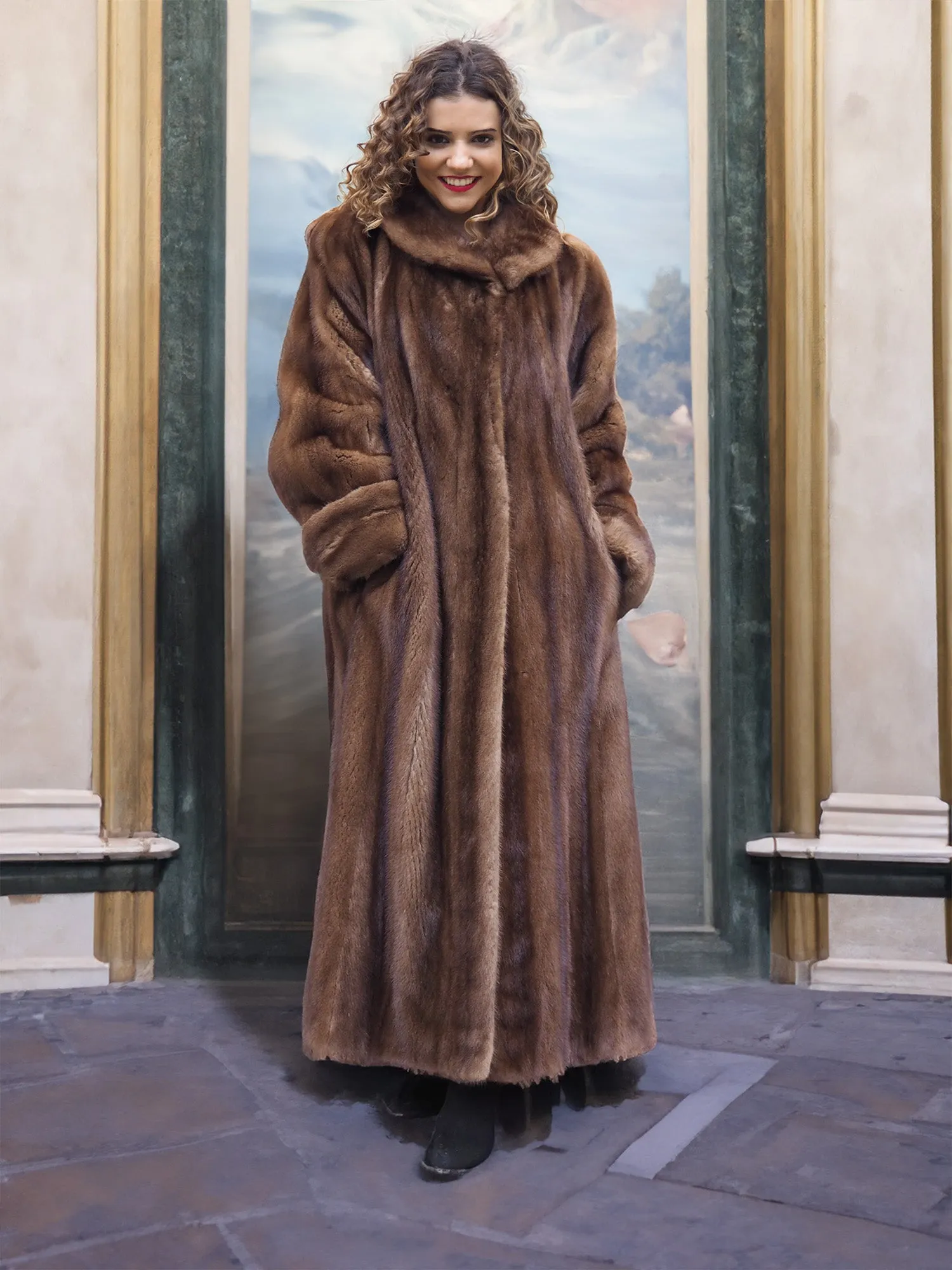 Luxurious Brown Demi Buff Canadian Mink Fur Coat 80 Sweep L