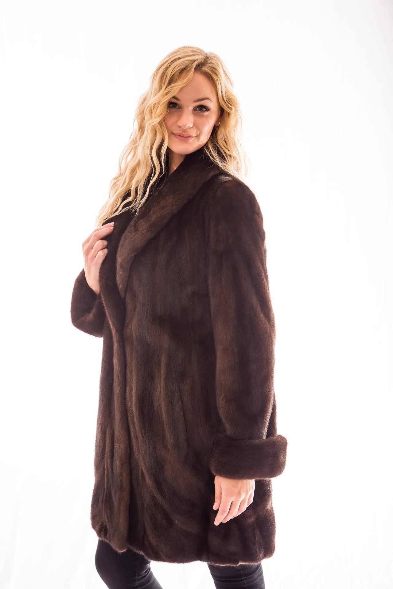 Mahogany, Ranch & Sapphire Directional Mink 3/4 Coats with Turn-Up Cuffs