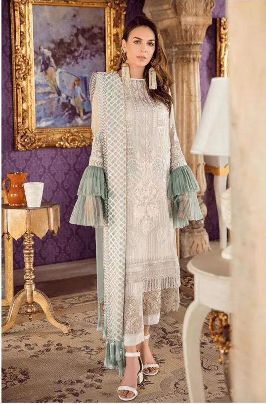 Majesty White Colored Partywear Embroidered Net Pant Style Kashmiri Suit 56001