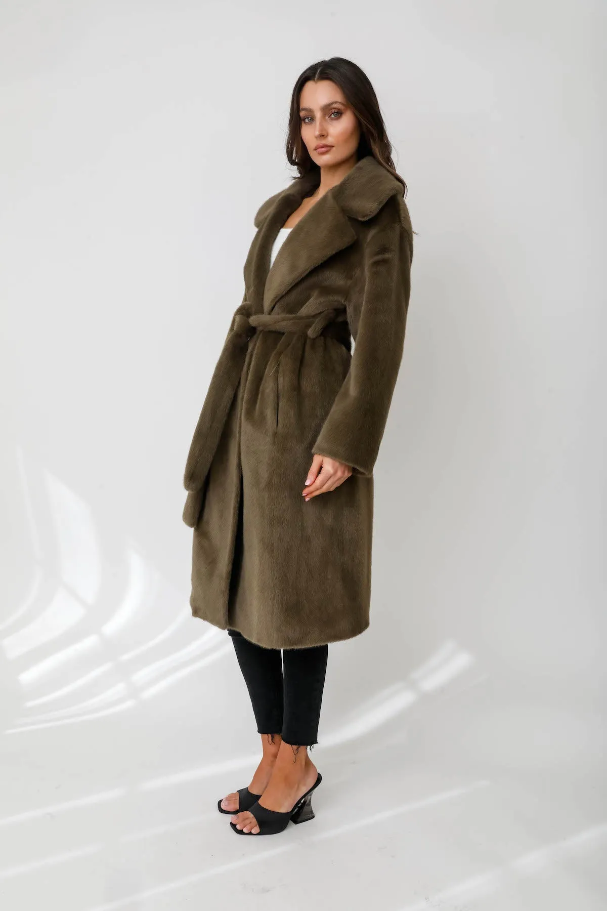 Margot Faux Mink Fur Wrap Collar Coat w/ Belt - Olive