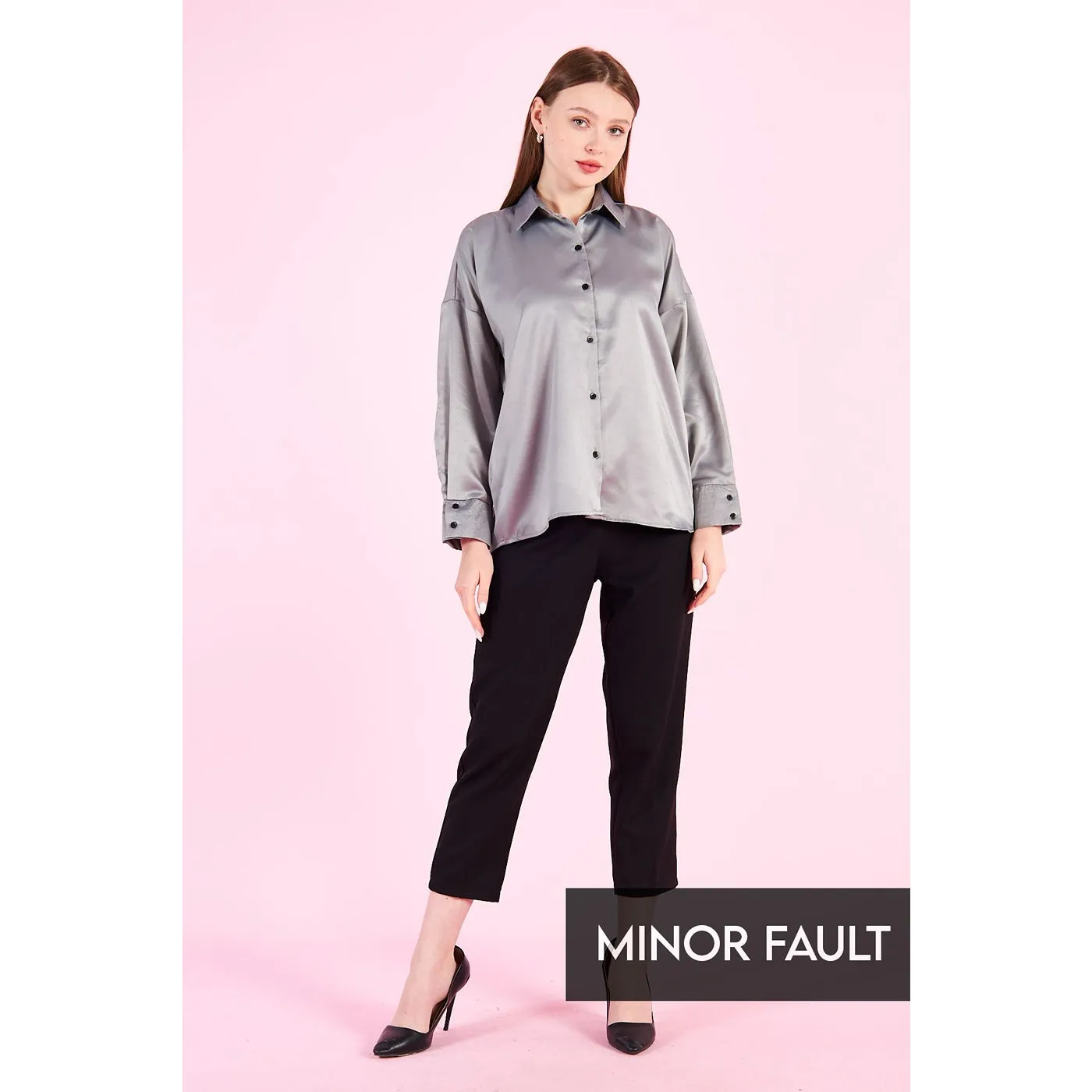 (Minor Fault) Grey Button Down Satin Shirt