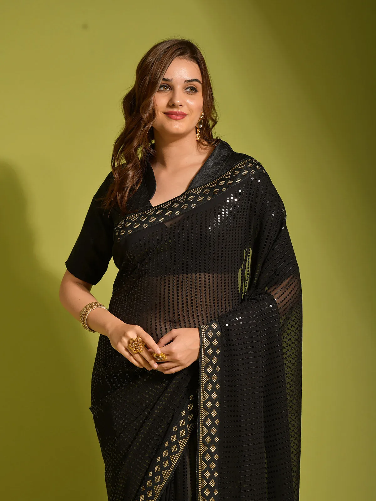 Odette Women Black Georgette Designer Saree With Unstitched Blouse