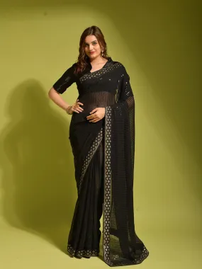 Odette Women Black Georgette Designer Saree With Unstitched Blouse