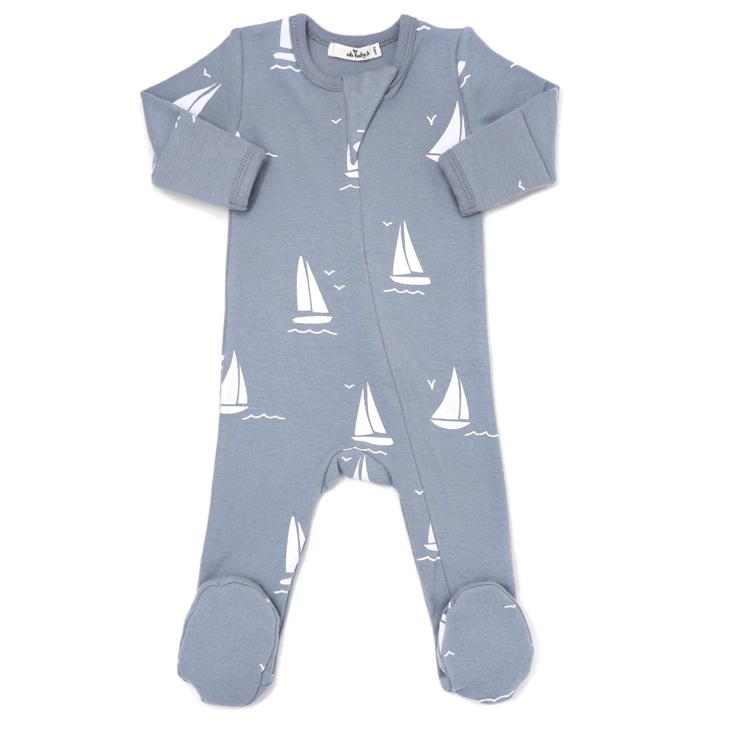 oh baby! Cotton Baby Rib Zipper Footie - White Sailboats Print - Fog