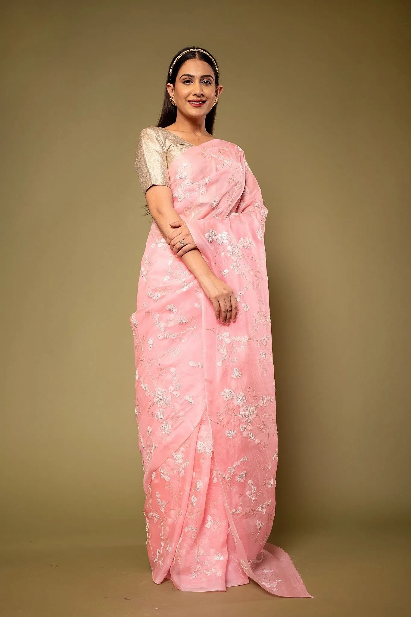 Organza Pink Resham Work Saree