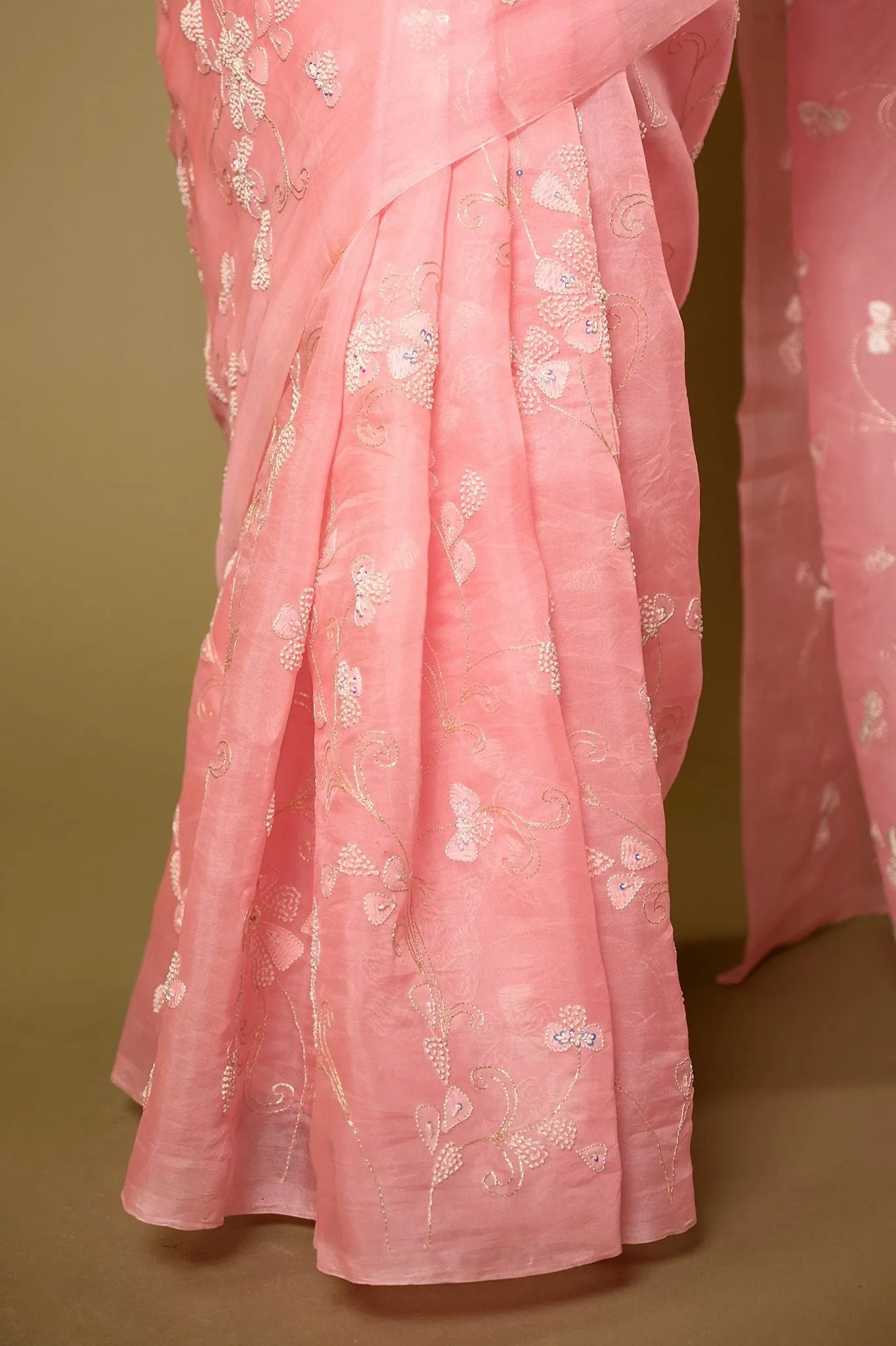 Organza Pink Resham Work Saree