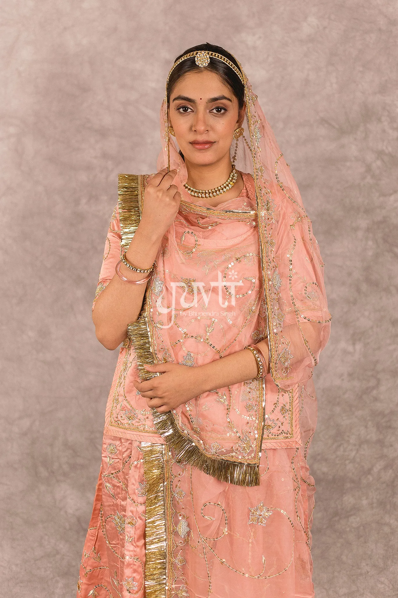 Peach Bamber Satin Zardozi Salma work Poshak