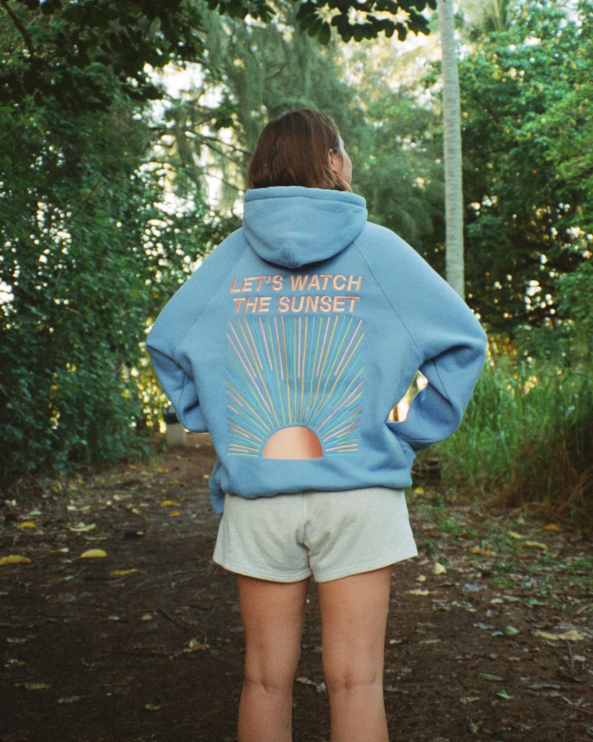 Oversized Luxury Hoodie in Blue with Lets Watch the Sunset Print