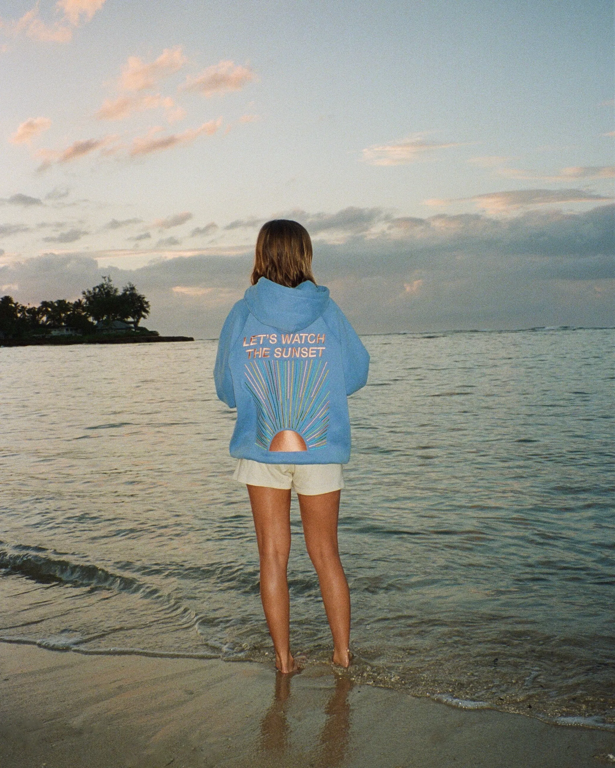 Oversized Luxury Hoodie in Blue with Lets Watch the Sunset Print