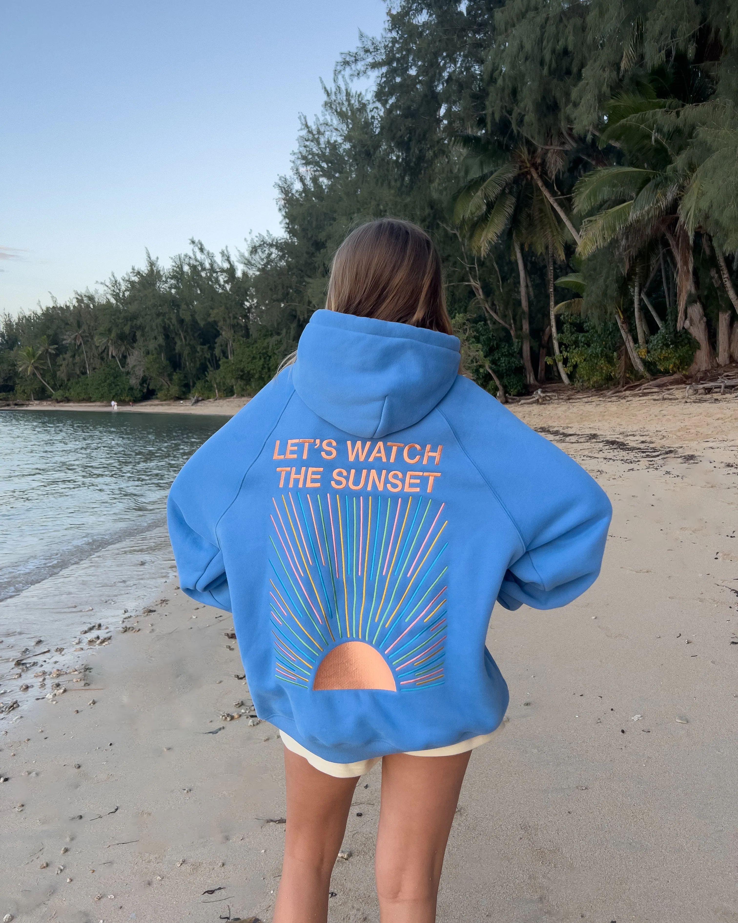 Oversized Luxury Hoodie in Blue with Lets Watch the Sunset Print