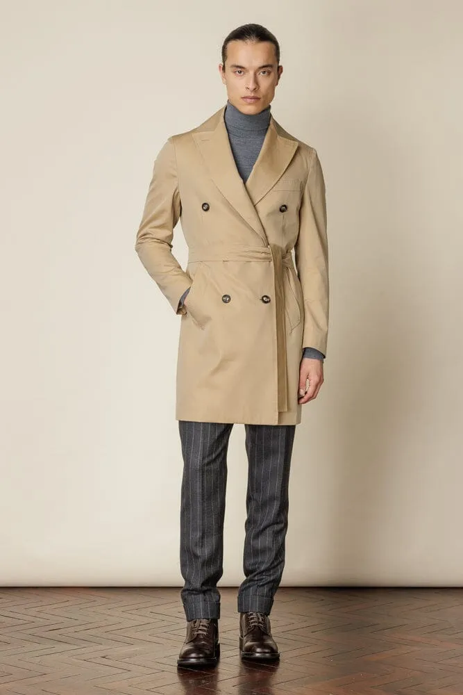 (RTW) Mid Length Double Breasted Trench Coat with Belt - Sand Cotton