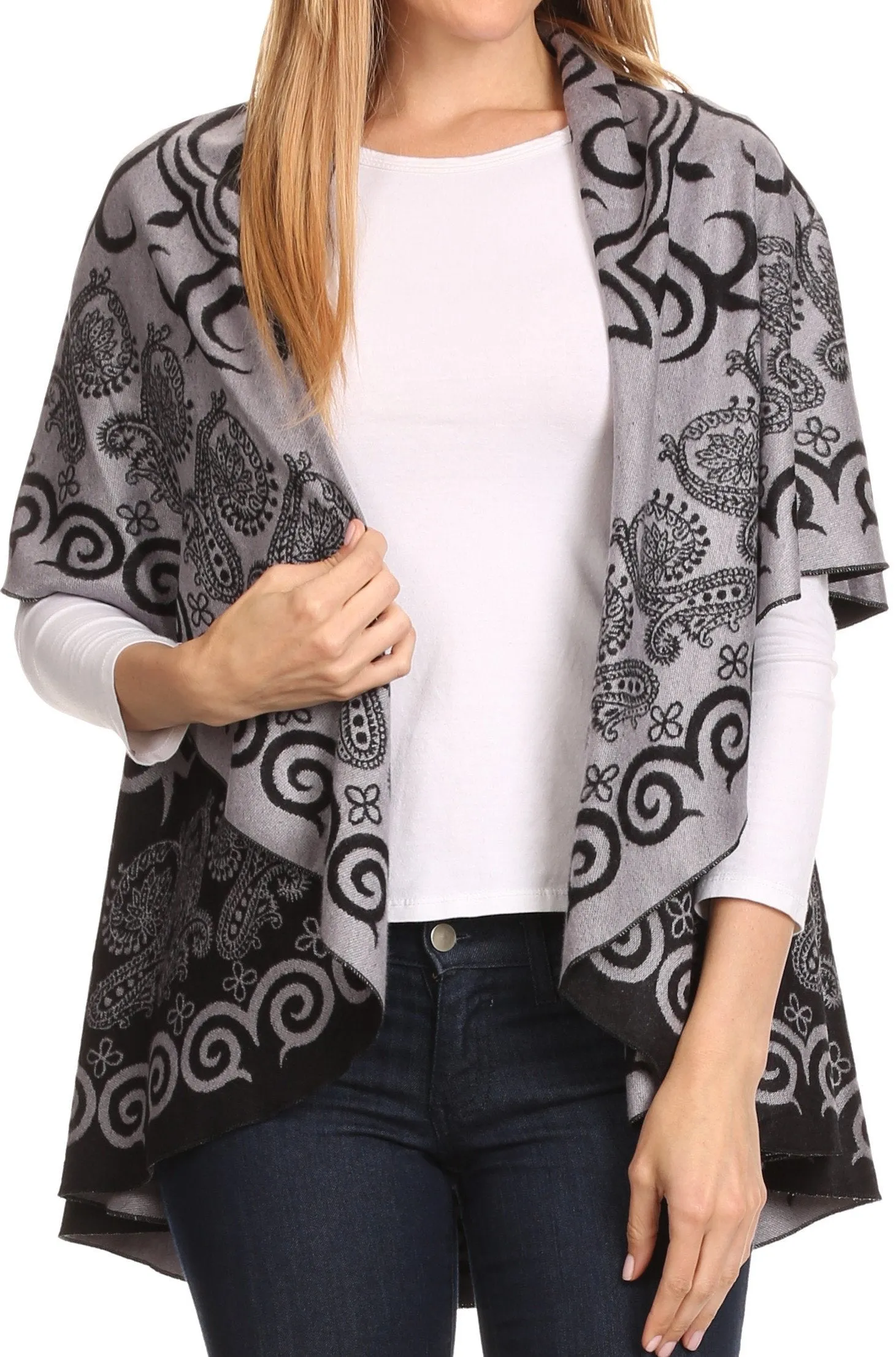 Sakkas Balie Reversable Printed Mid Weight Warm Poncho Throw Shawl / Cardigan