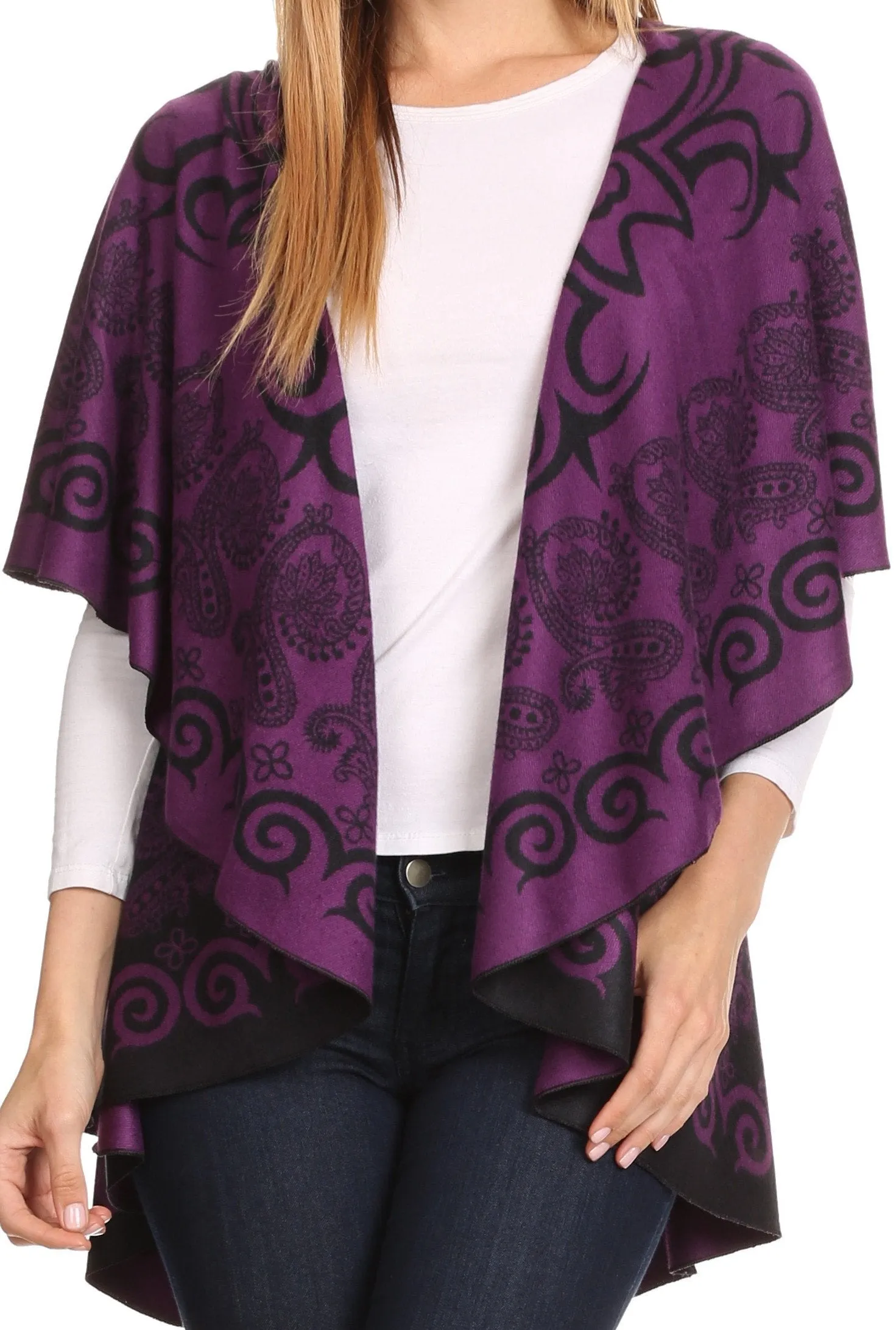 Sakkas Balie Reversable Printed Mid Weight Warm Poncho Throw Shawl / Cardigan