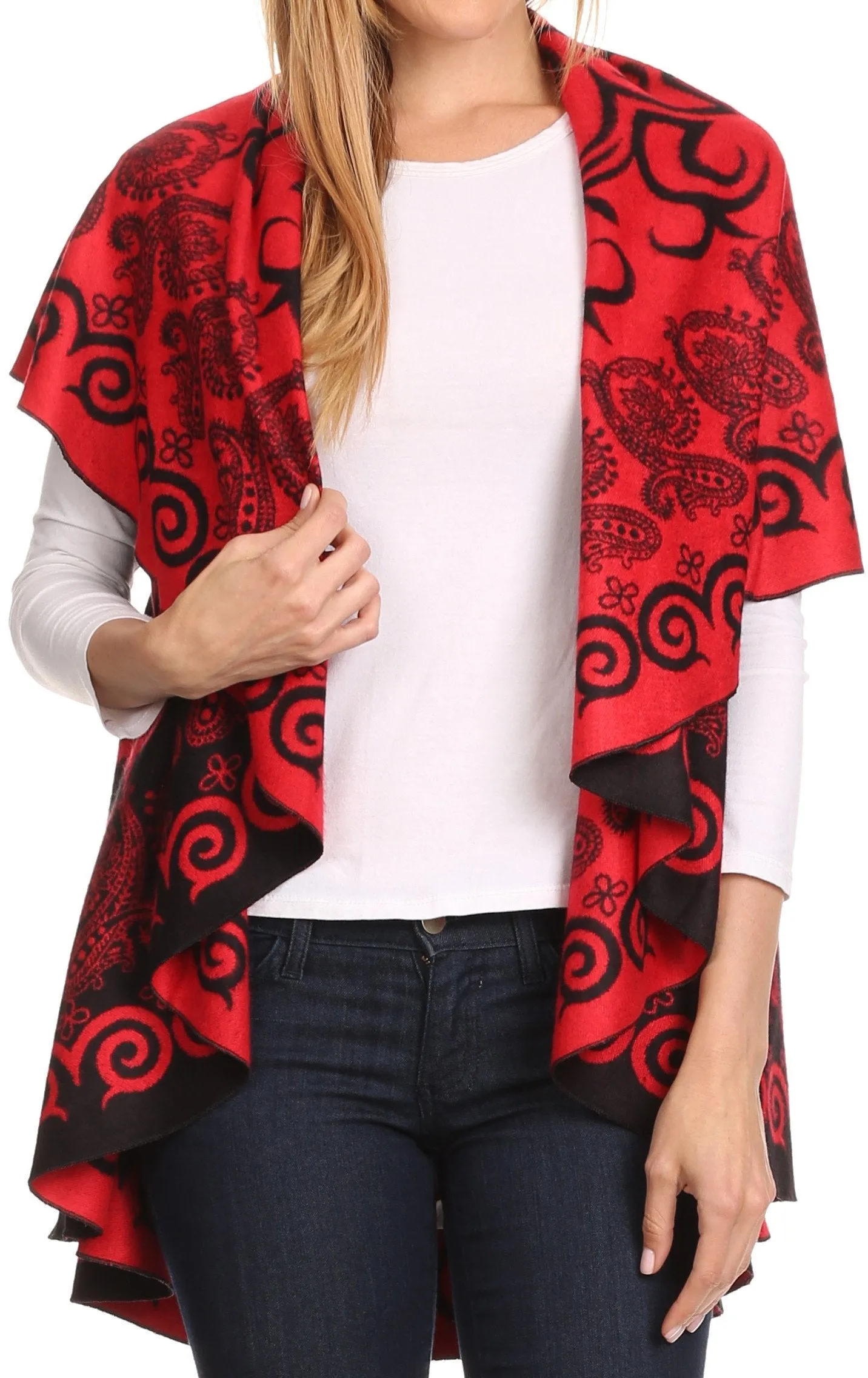 Sakkas Balie Reversable Printed Mid Weight Warm Poncho Throw Shawl / Cardigan