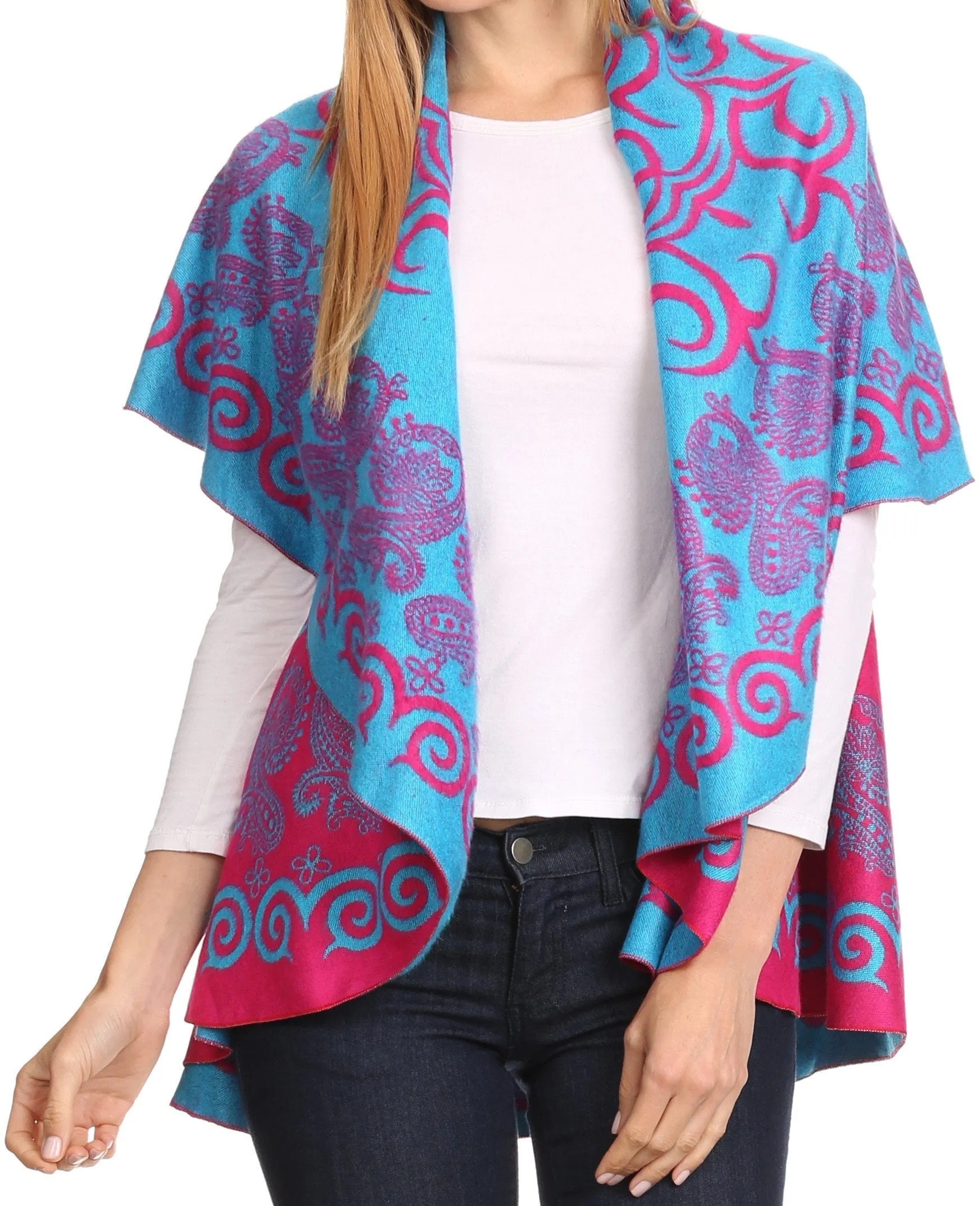 Sakkas Balie Reversable Printed Mid Weight Warm Poncho Throw Shawl / Cardigan